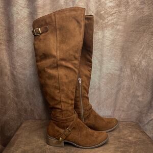 Merona Faux Suede Knee High Riding Boots Brown Buckle Low Heel Women's 7.5 Boho
